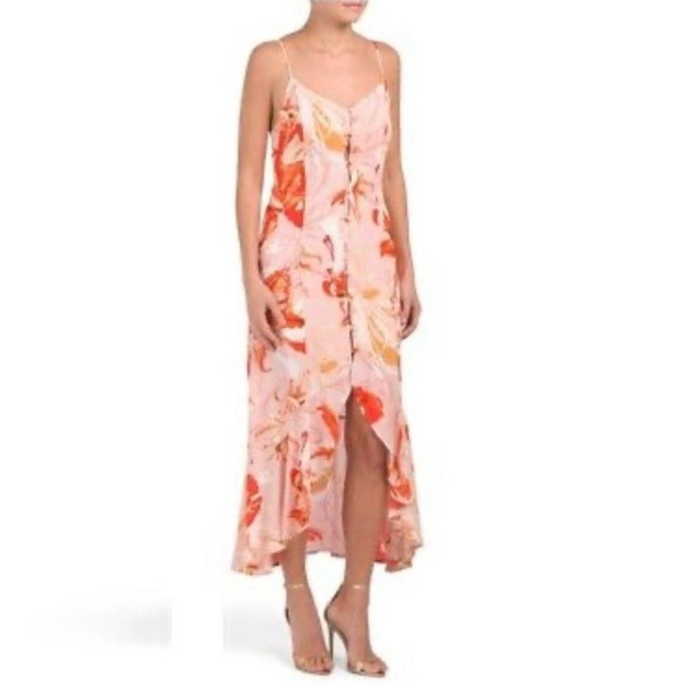 Anthropologie Pink Floral Maxi Dress with Orange Accents